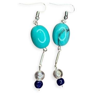 Vintage Style Glass Faux Stone Dangle Earrings 2.25" Turquoise Blue Beaded Drop